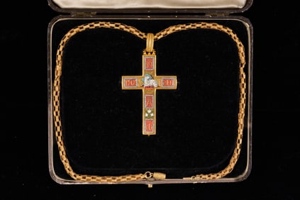 VICTORIAN 14k GOLD NECKLACE with MICROMOSAIC CROSS