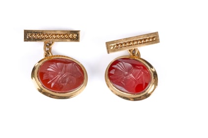 14k GOLD CUFFLINKS with CARNELIAN INTAGLIO