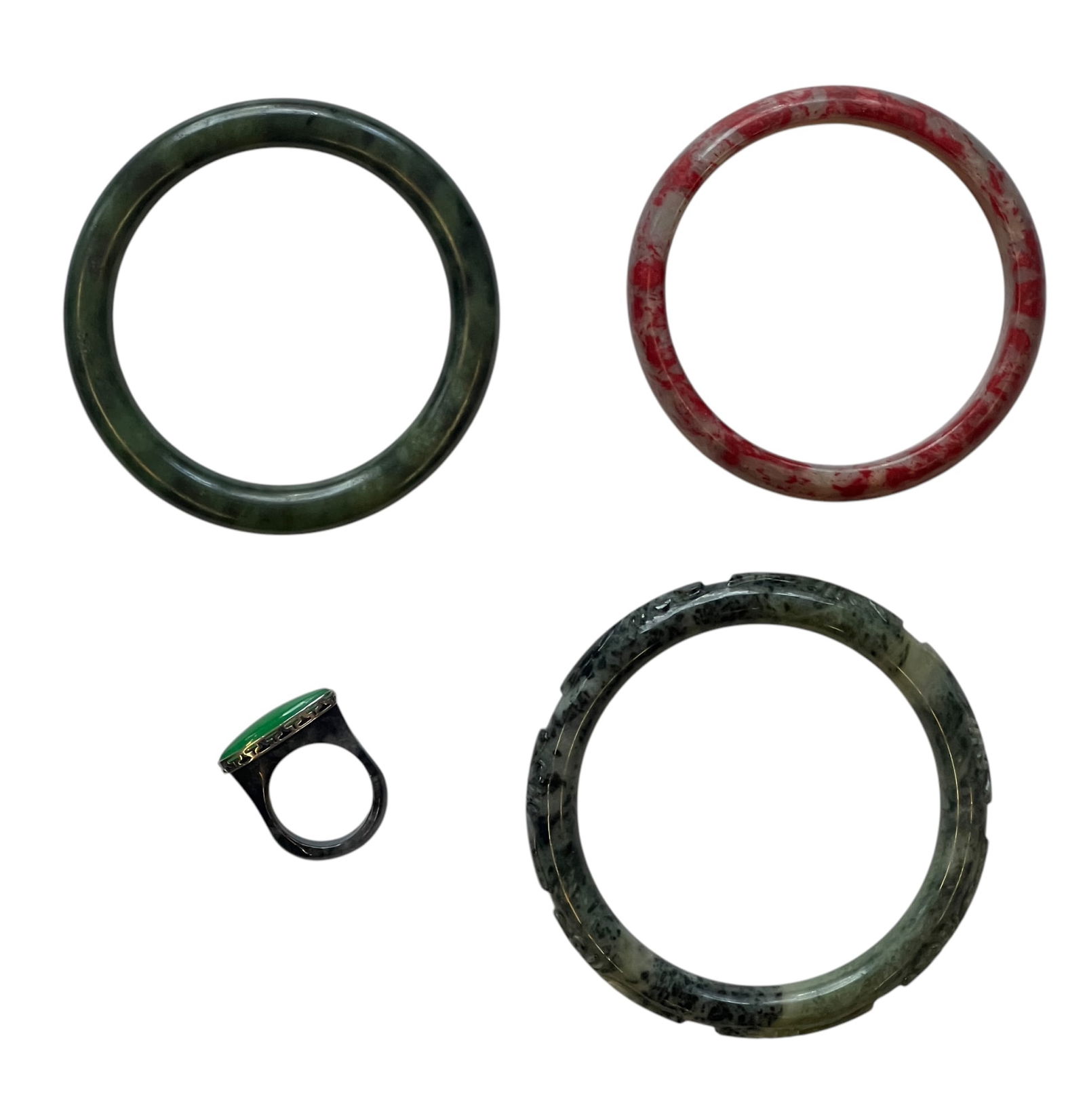 (3) CARVED CHINESE JADE BANGLES & (1) RING (1 of 5)