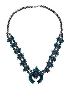 ZUNI STERLING & TURQUOISE SQUASH BLOSSOM NECKLACE