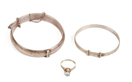 (2) JUVENILE STERLING BANGLES and14k GOLD RING