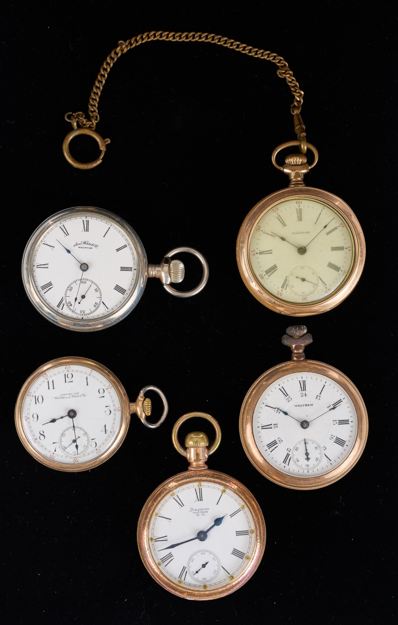 (5) WALTHAM POCKET WATCHES: 3 x 2 inches. Condition: Some crystals replaced with plastic, corrosion to (1). Untested. Temp No 2956