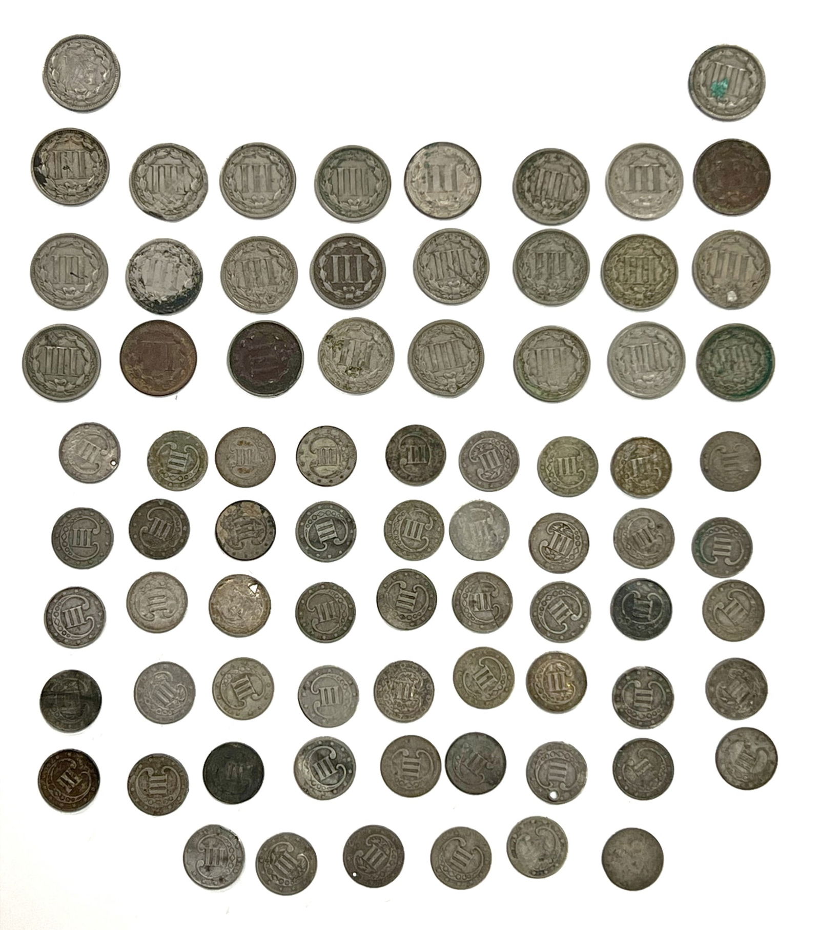 GROUPING of (19th c) U.S. THREE CENT COINS (1 of 10)
