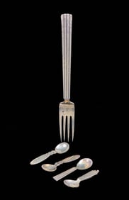 GEORG JENSEN STERLING SILVER FORK and SALTS