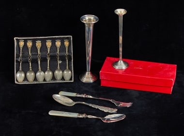 CARTIER & LUNT STERLING BUD VASES, DEMITASSE etc