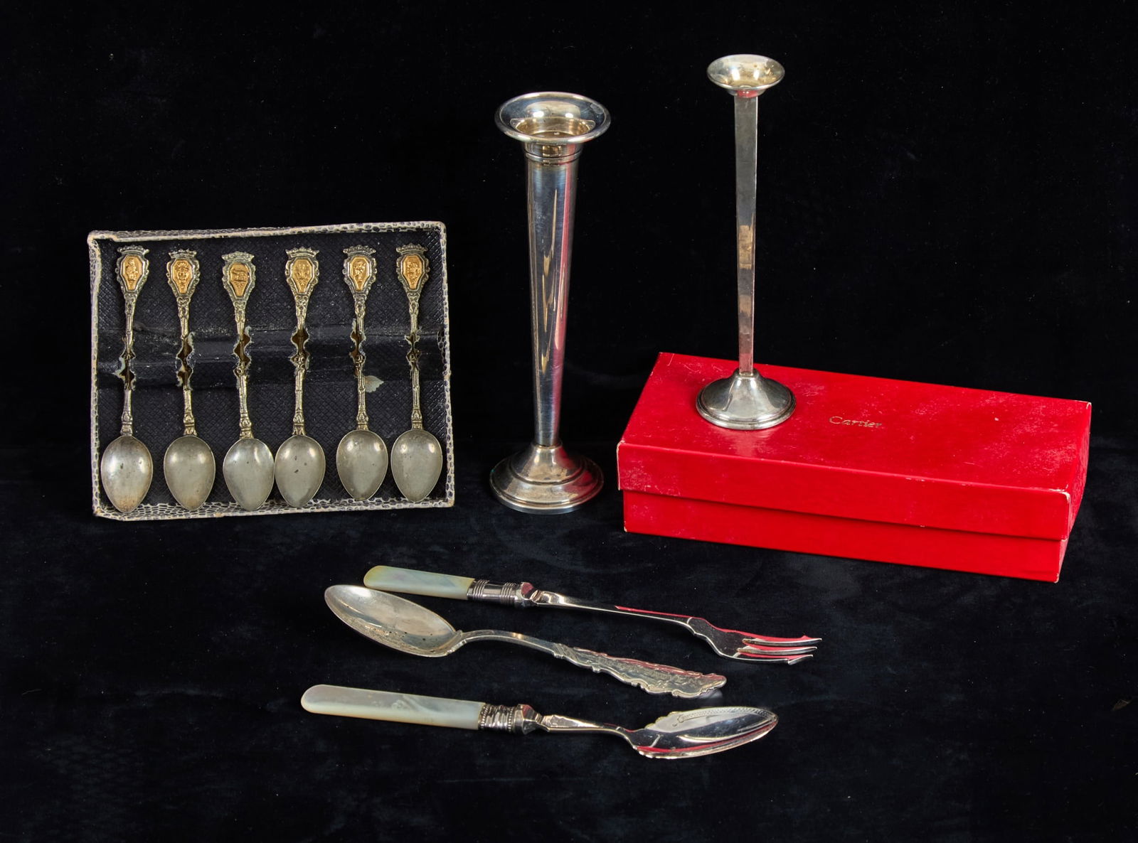 CARTIER & LUNT STERLING BUD VASES, DEMITASSE etc (1 of 12)