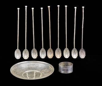 STERLING ICE TEA SPOONS, PLATE & NAPKIN RING