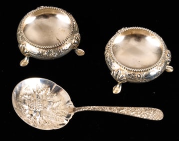CHASED STERLING SPOON & (2) NICKEL PLATED SALTS