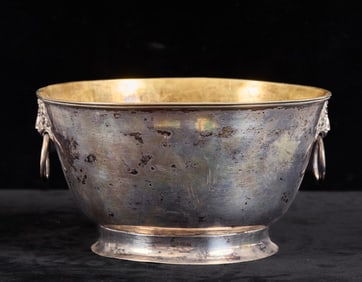 EARLY SILVER BOWL with LION & RING HANDLES