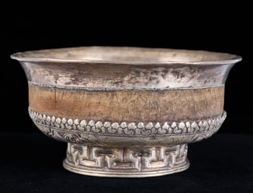 ANTIQUE TIBETAN SILVER & BURL WOOD OFFERING BOWL