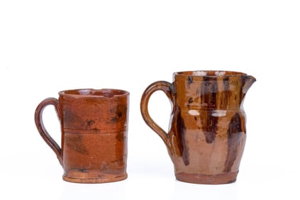 SMALL (19th c) GLAZED REDWARE PITCHER & MUG