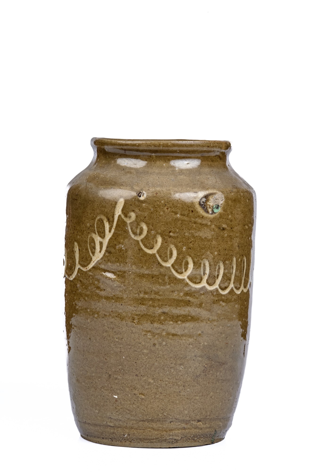 (19th c) GLAZED STONEWARE JAR with SLIP DECORATION (1 of 10)