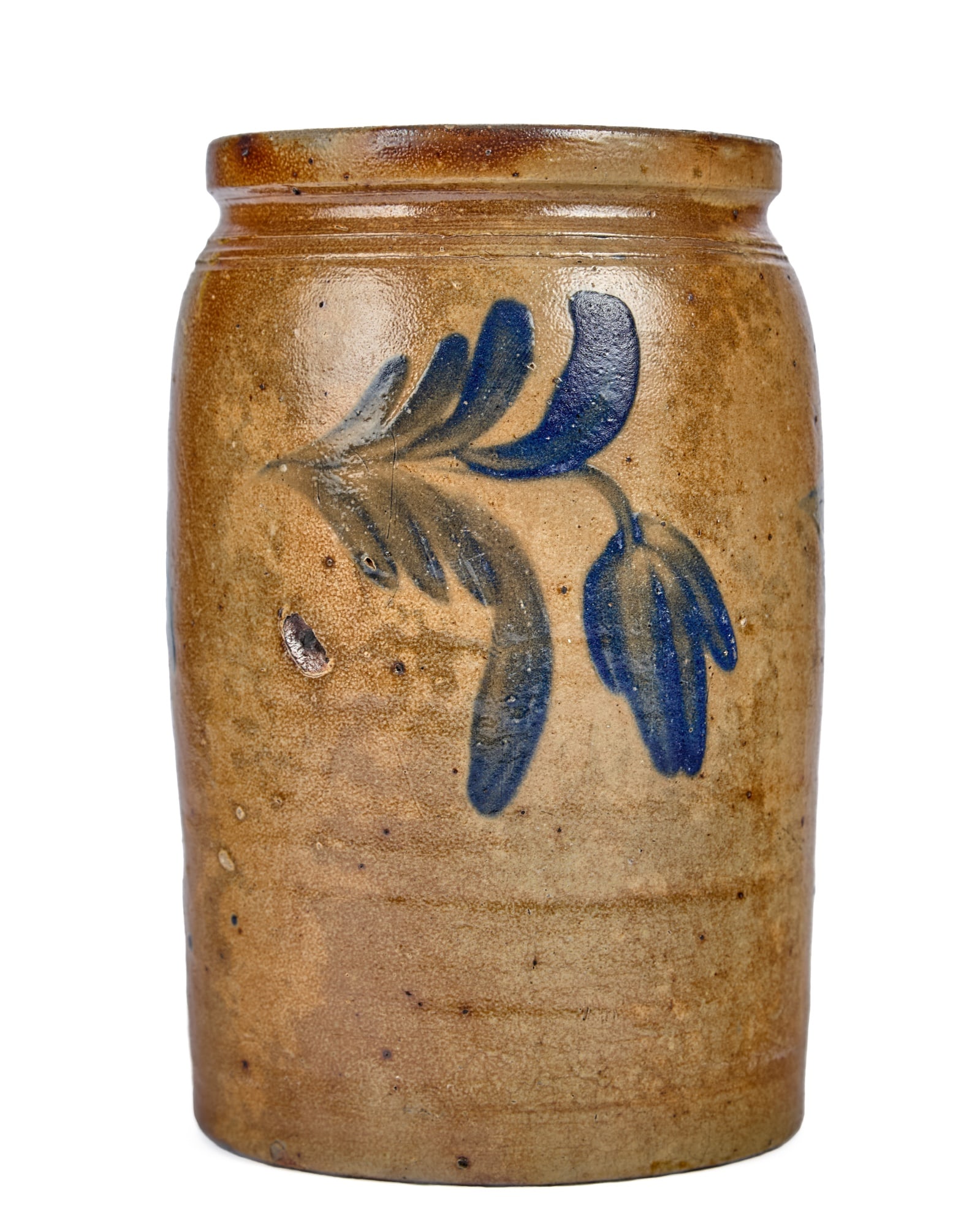 STONEWARE JAR with COBALT FLORAL SPRIG: 11 x 7 inches. Condition: Good, minor flaws in the manufacturing. Temp No 2147