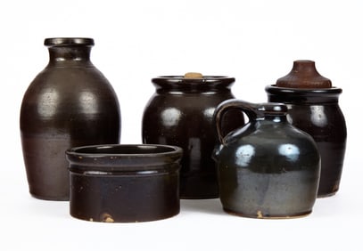 (5) GLAZED STONEWARE BOTTLES, JARS and BOWLS