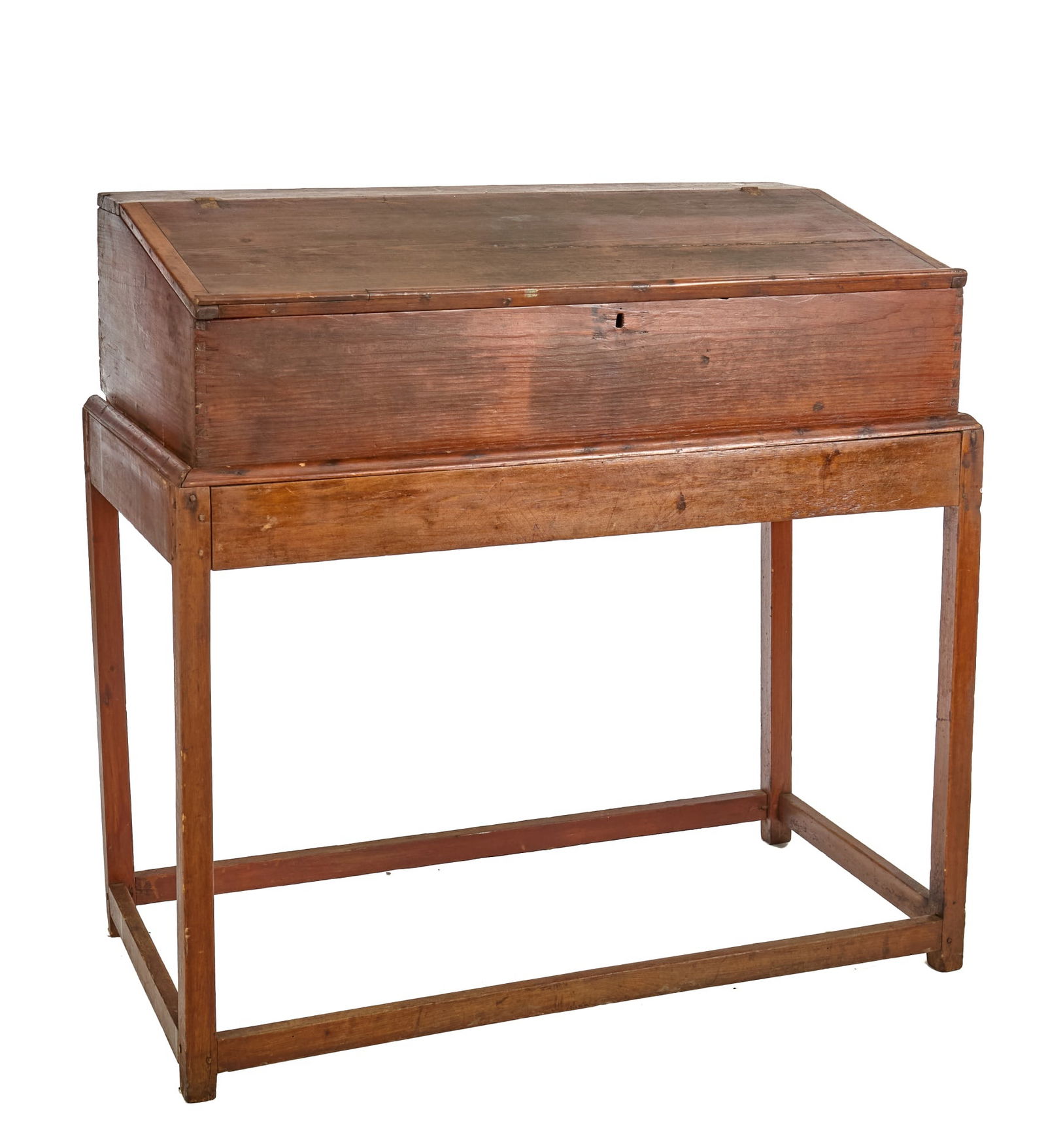 LARGE (19th c) PINE SLANT FRONT DESK on FRAME (1 of 7)
