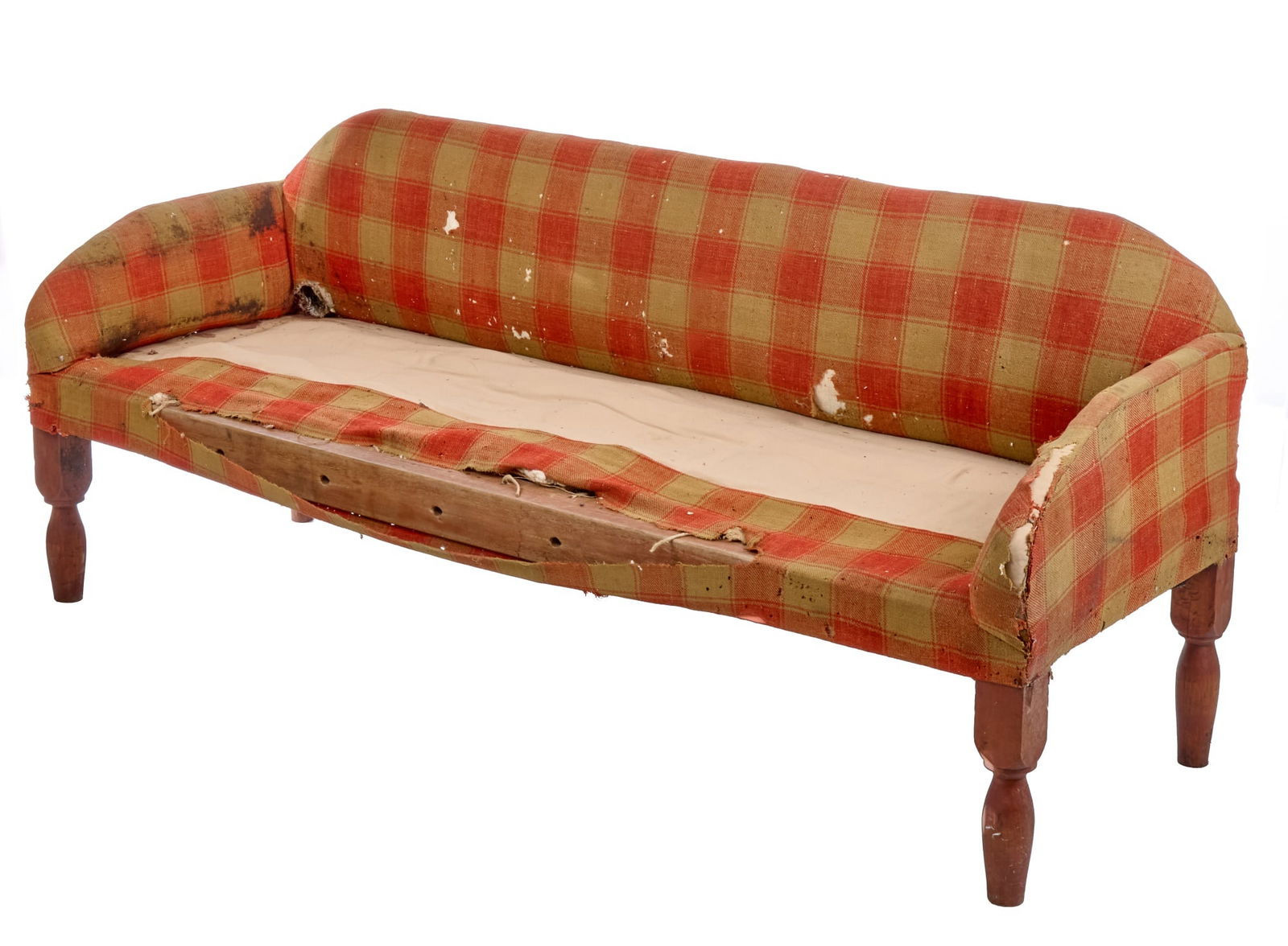 (19th c) SOFA with TURNED MAPLE LEGS in RED WASH (1 of 6)