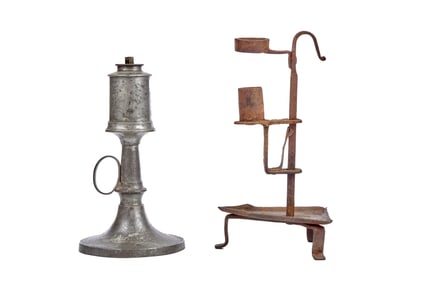 (19th c) WROUGHT IRON CANDLE HOLDER & PEWTER LAMP