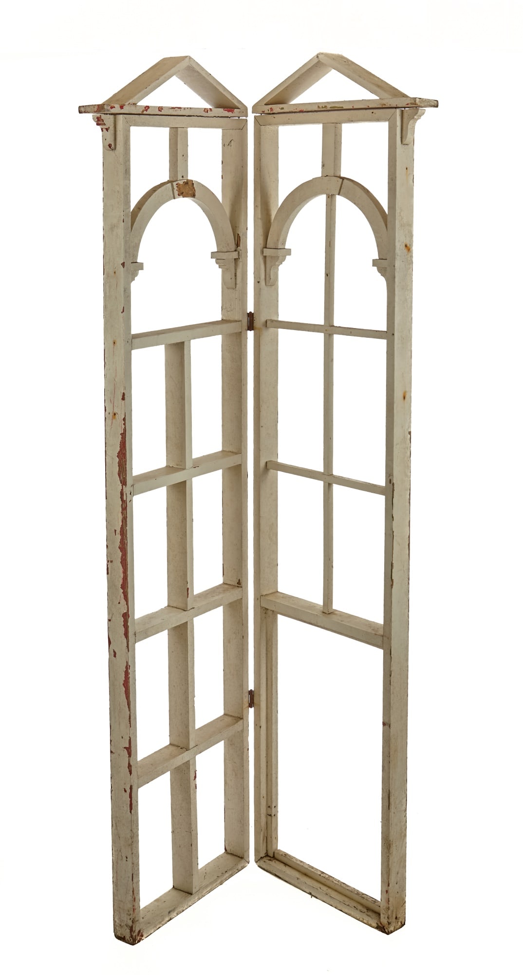 ARCHITECTURAL-FORM FOLDING SCREEN / ROOM DIVIDER: Painted wood. 89 1/2 x 23 inches (each of two pieces) Condition: Good, scattered paint loss Temp No 2445