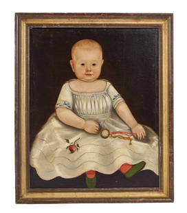 IMPORTANT (19thc) AMERICAN FOLK ART PORTRAIT: Pyramidal composition with a graphically sophisticated use of contrast and colorful elements including a watch string, rose and socks. Oil on canvas 21 x 17 inches, framed 24 1/2 x 20 1/4 inches (over