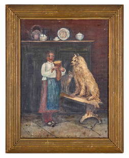 AMERICAN SCHOOL (19th c): "The Beggars", oil on canvas 16 x 12 inches, unsigned, label verso "Property of Henrietta Daum Mears to Mrs. W.S. Atwood". 20 x 16 inches overall including frame. Condition: Repair to puncture, surfac
