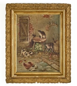 SIGNED (20th c) FOLK ART PAINTING of CATS & DOG