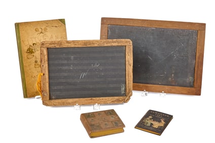 WRITING SLATES, 1889 ALMANACK & (2) CHILDRENS BOOK