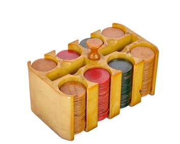 ART DECO BAKELITE POKER CHIPS & CADDY