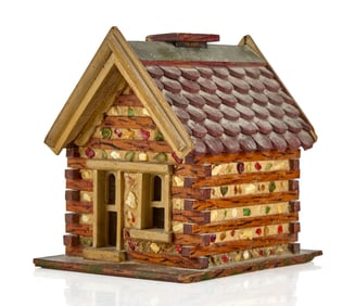 (20th c) CARVED & PAINTED LOG CABIN BANK