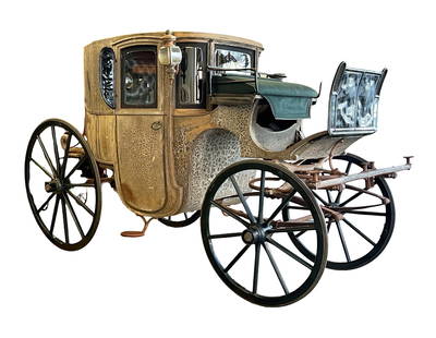 (19thc) DOUBLE BROUGHAM FERDINAND FRENCH CARRIAGE: Single horse carriage, with curved glass partitions, retains original interior upholstery. Signed axles and hubcaps. Top of the line carriage with finely carved elements and stylish flourishes. While