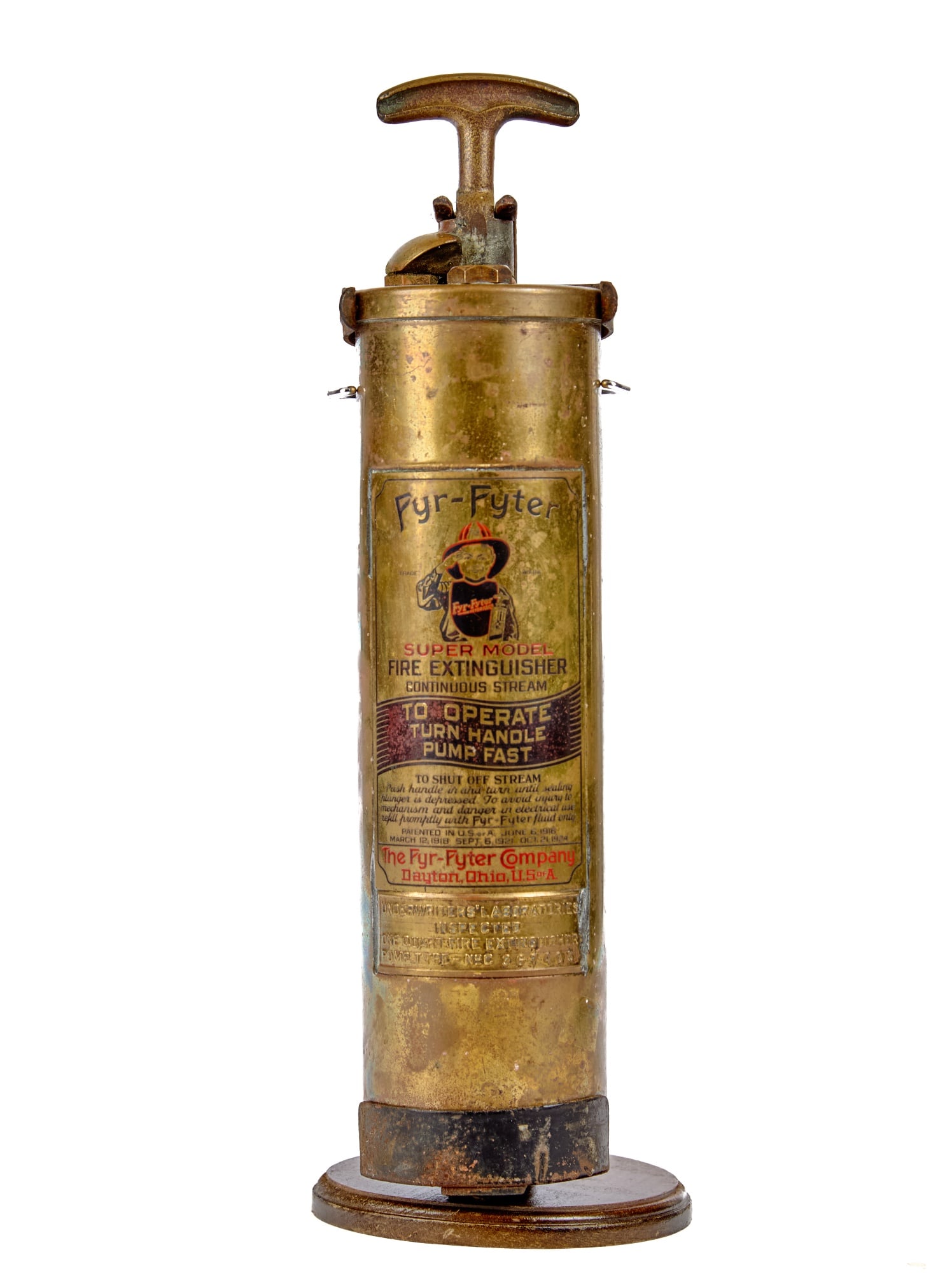 EARLY (20th c) FYR-FYTER FIRE EXTINGUISHER: "Super Model" with original labels still present and legible. 15 inches. Condition: Some minor corrosion/paint loss. Temp No 2215