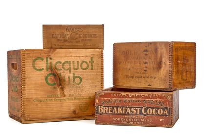 (4) VINTAGE WOODEN CRATES WITH LOCAL ADVERTISING