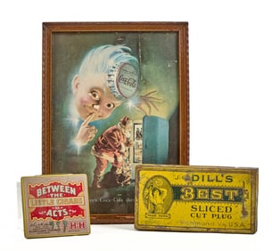 VINTAGE COCA COLA ADVERTISEMENT & (2) TOBACCO TINS
