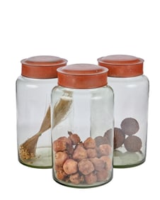(3) GLASS STORAGE JARS with PAINTED STEEL LIDS