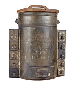 ELABORATE TIN SIFTER with (10) FLANKING DRAWERS