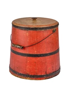 ANTIQUE COVERED SWING HANDLE BUCKET IN RED PAINT