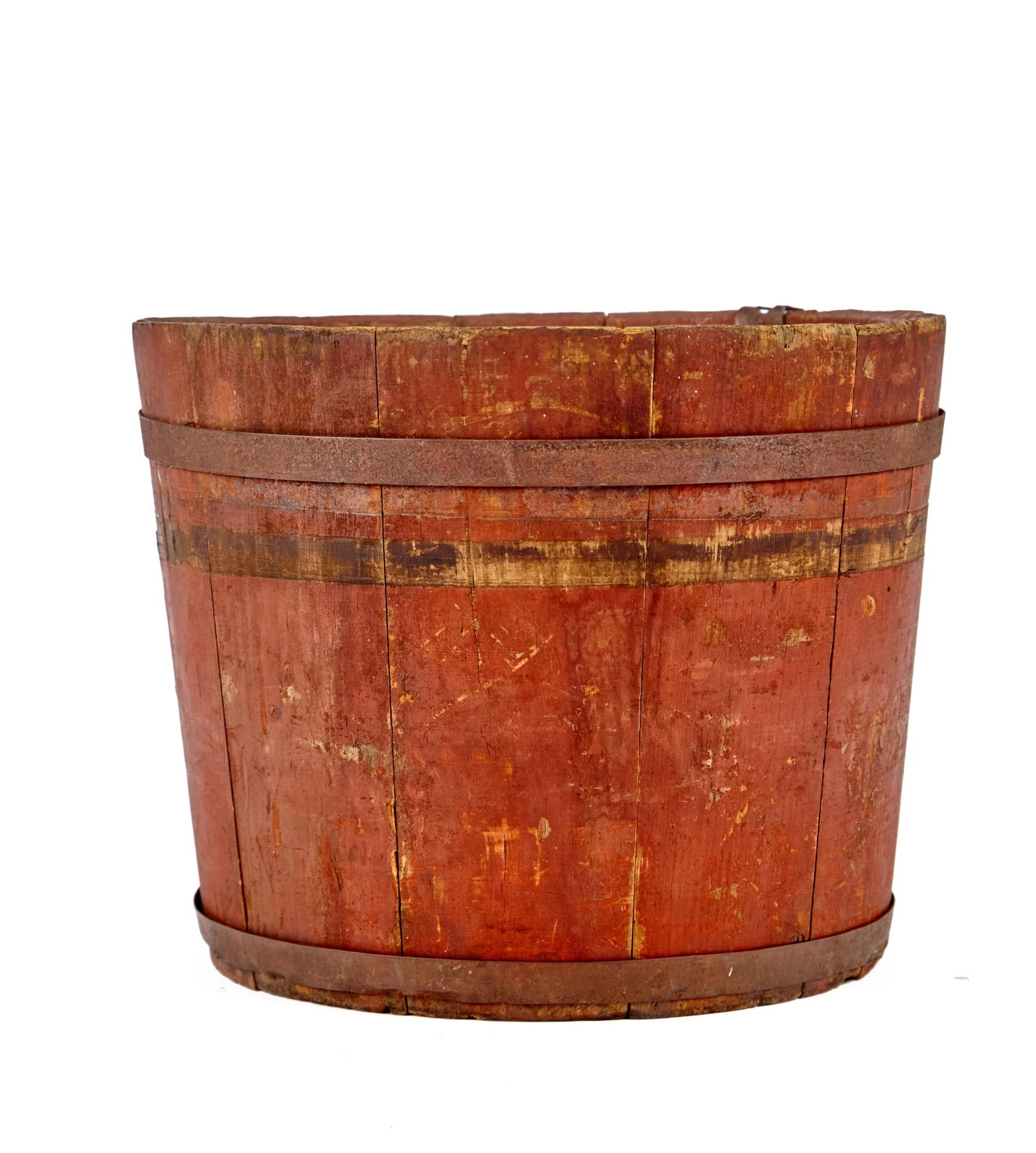 (19th c) HENNIKER (NH) SAP PAIL in RED PAINT: Hoop & stave constructed sap pail in red paint, stamped "Henniker, NH ...?" under base. 9 x 11 1/2 inches. Condition: Top hoop loose. Temp No 2219