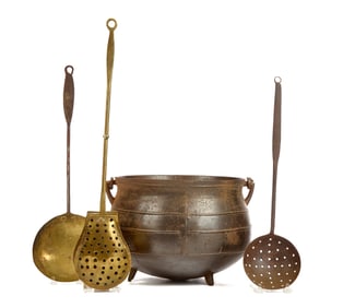 ANTIQUE CAST IRON CAULDRON, LADELS, & SLUG WARMER