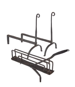 EARLY PAIR OF WROUGHT IRON ANDIRONS AND TOASTER