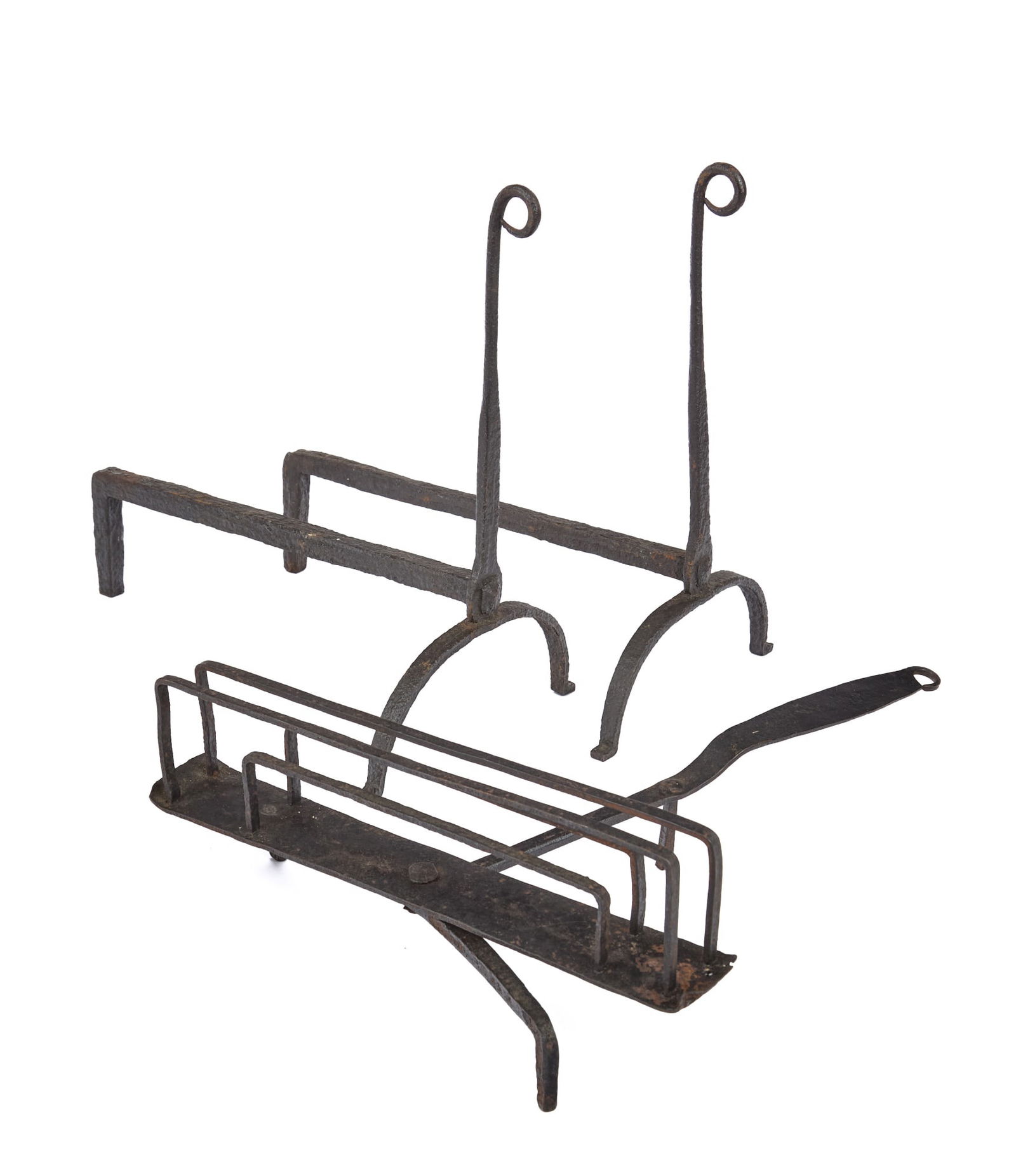 EARLY PAIR OF WROUGHT IRON ANDIRONS AND TOASTER (1 of 10)