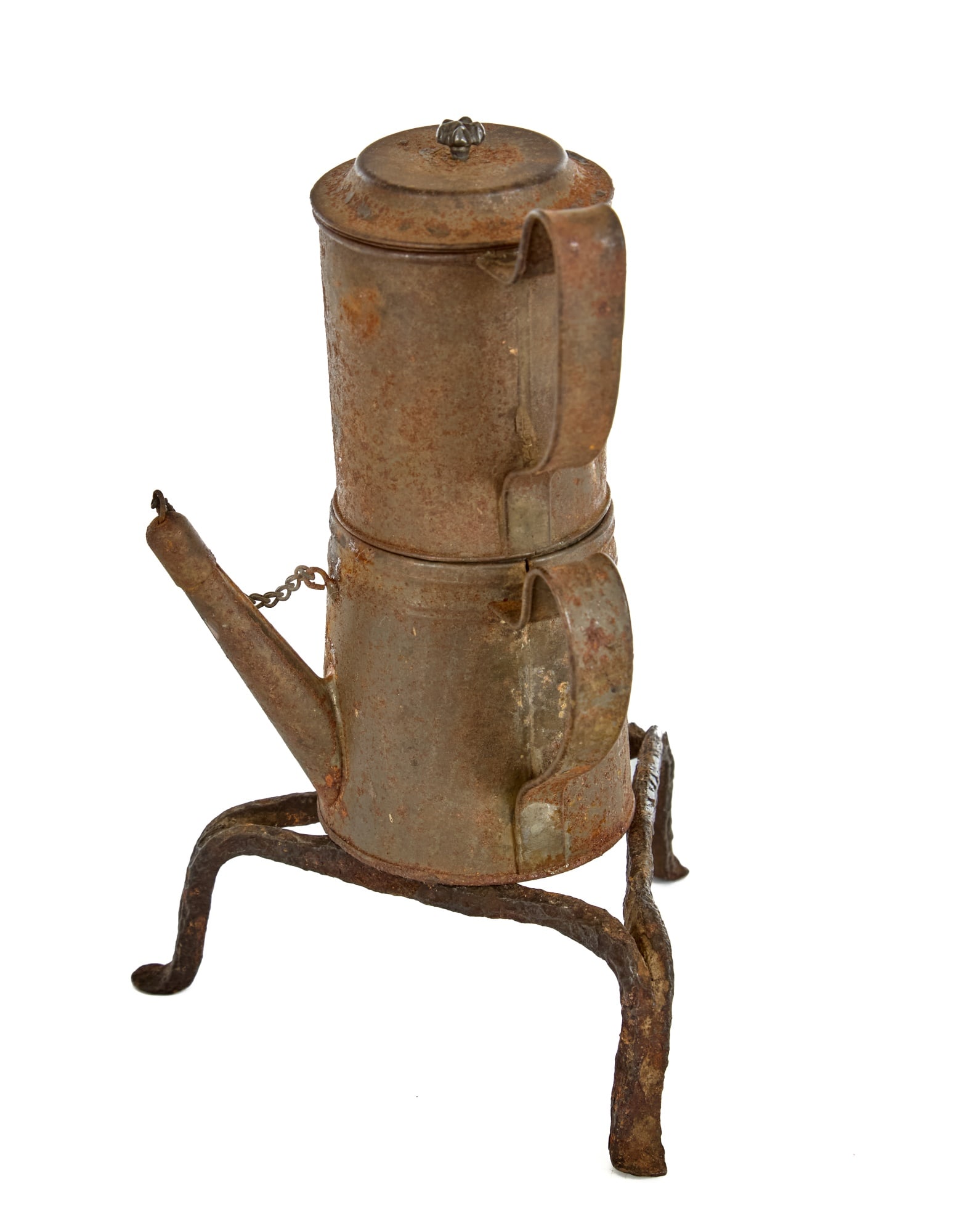 MINIATURE TIN PERCOLATOR & KETTLE STAND: 6 and 3 1/2 inches (largest dimensions to each) Condition: Light oxidation, surface grime, legs slightly bent Temp No 2483