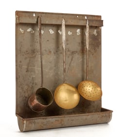 (19TH C.) COPPER AND IRON COOKWARE W/ TIN CADDY