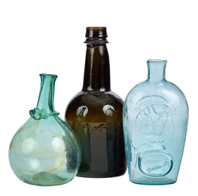 DOUBLE EAGLE FLASK, BLOWN MOLDED BOTTLE & a THIRD