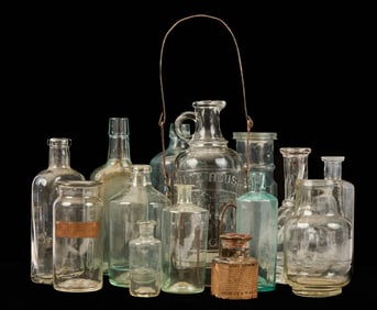 LOT of (19thc) BLOWN MOLDED APOTHECARY BOTTLES etc