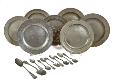 (19th c) PEWTER SPOONS & PLATES