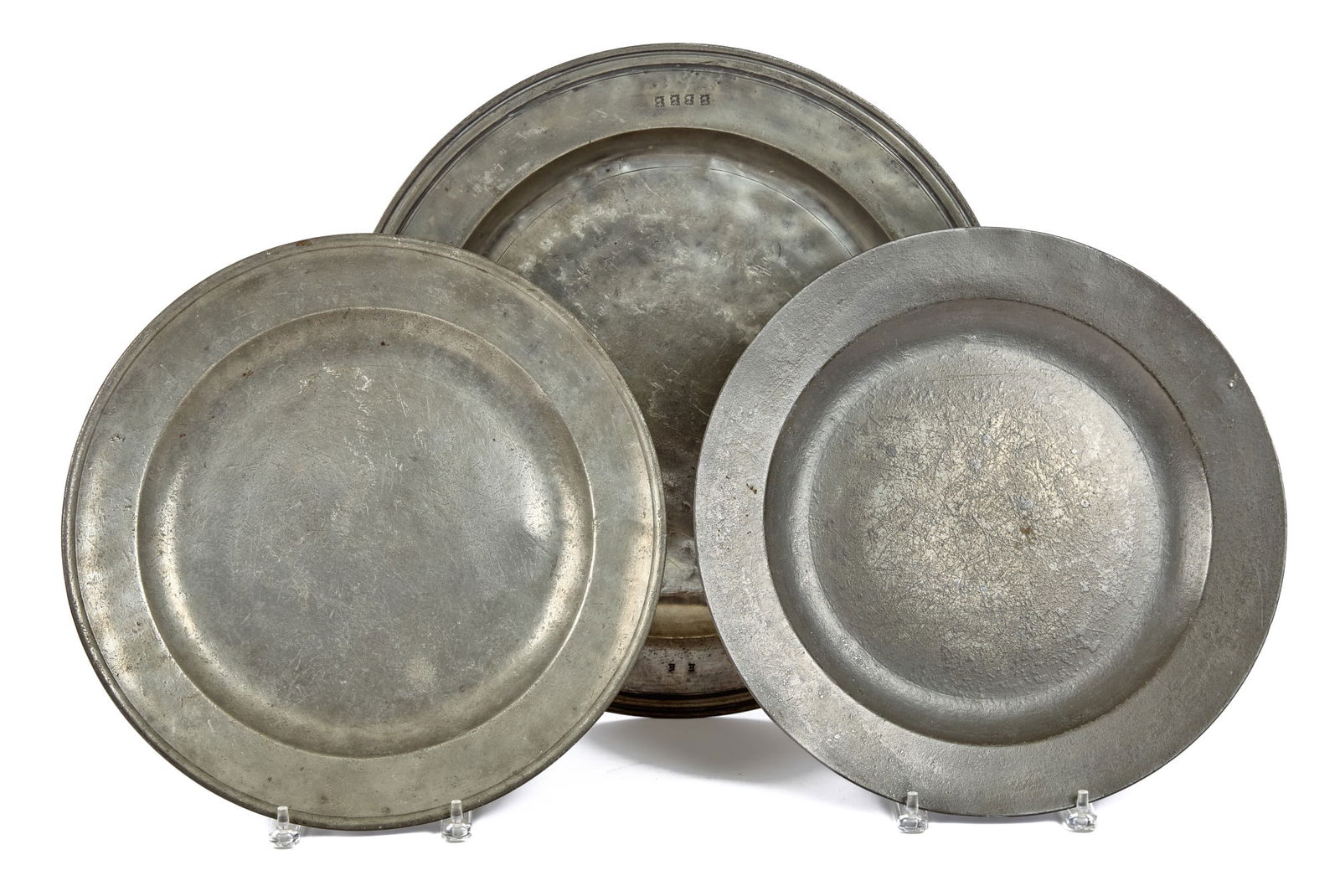 Three (19th c) PEWTER CHARGERS (1 of 11)