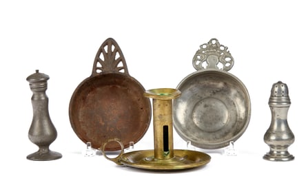 IRON & PEWTER PORRINGERS, BRASS FINGER LAMP, ETC