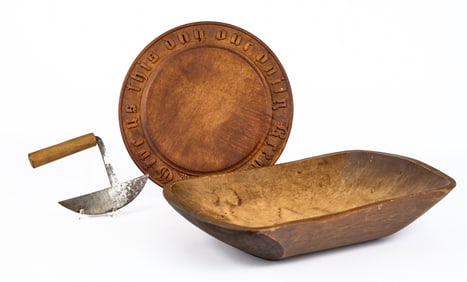 CARVED BREAD BOARD, TRENCHER & FOOD CHOPPER