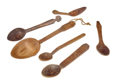(6) COUNTRY PRIMITIVE TREENWARE SPOONS