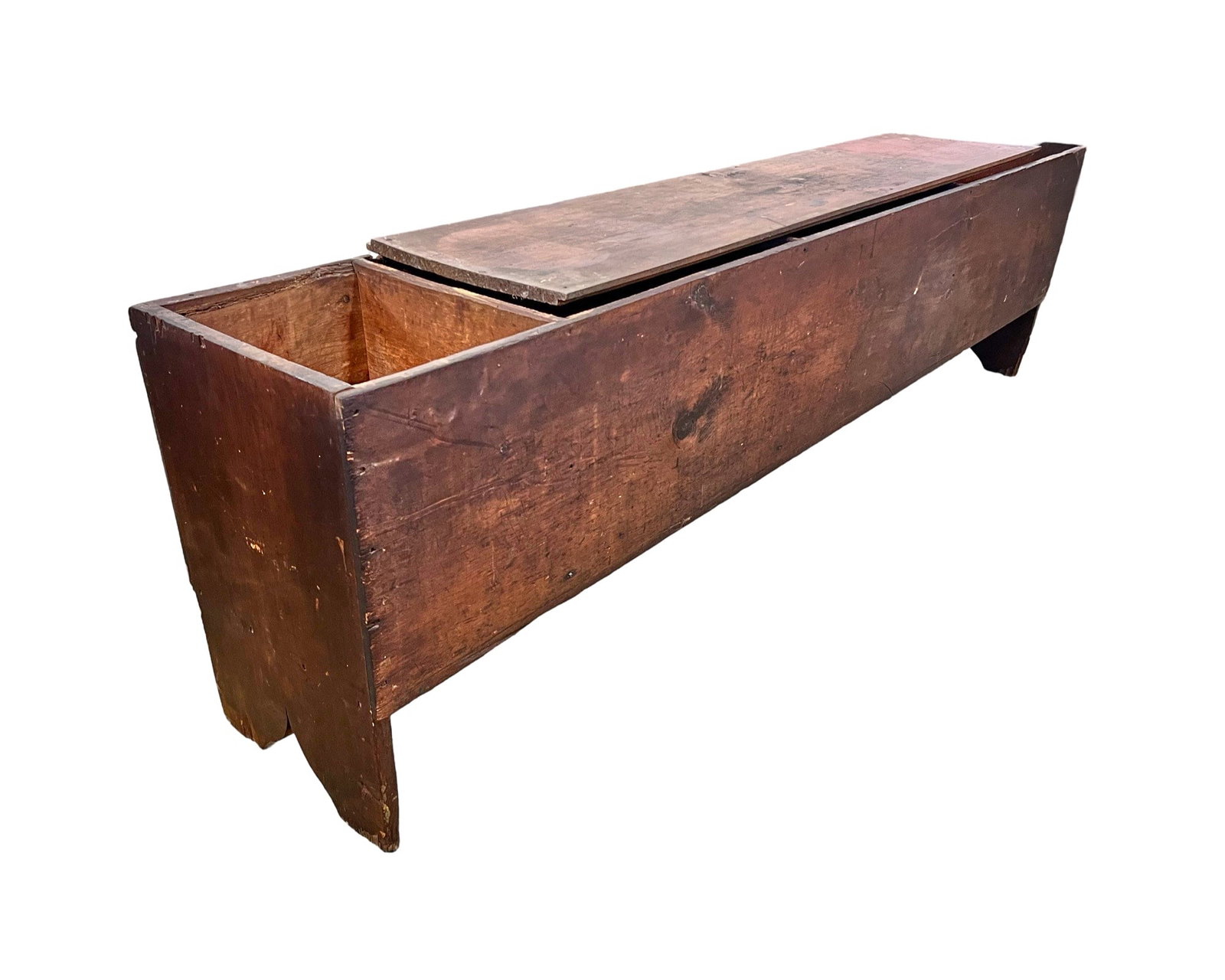 (18th c) GRAIN BIN: Nice old surface. Could be used upright as shelving. Wide pine board pictured is included. 27 5/8 x 100 x 18 3/4 inches. Condition: Original cover absent, wear consistent with age and use. Temp No 270