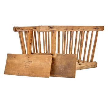 PRIMITIVE CRIB BASKET and (2) WOOL CARDING COMBS